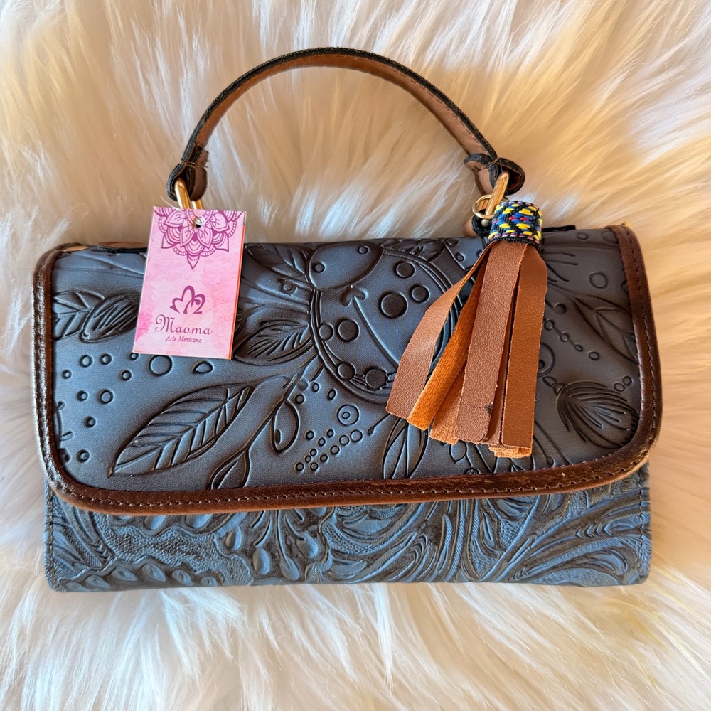 Handcrafted Embossed Floral Design Leather Crossbody Bag